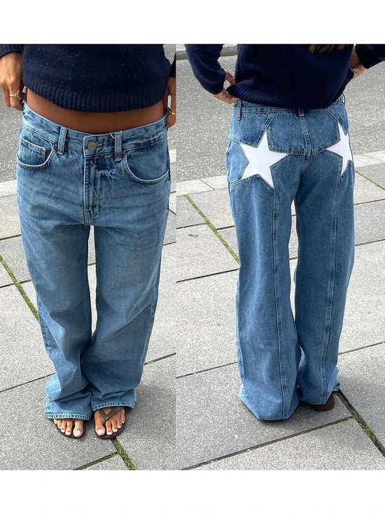 Combhasaki Women's Y2K Vintage Jeans Aesthetic Star Pattern Print Loose Straight Leg Denim Long Pants Casual Low Waist Trousers - Tasawoq