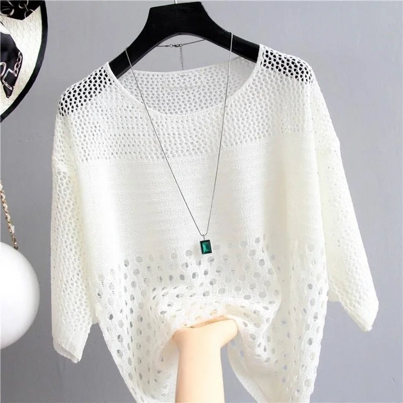 Spring and Summer New Ice Silk Knitted Vest Top Hollow Out Thin Bottoming Sling Streetwear Womens Clothing White Shirt 13686 - Tasawoq