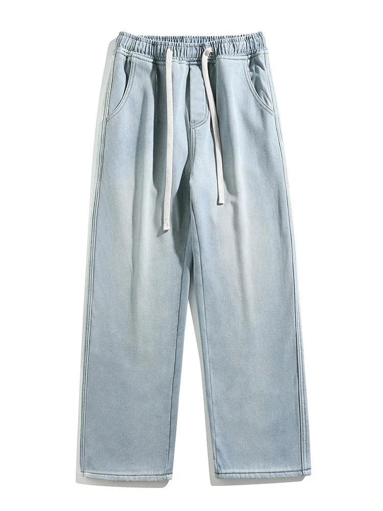 Winter Men's Jeans Korean Fashion Fleece Liner Thick Warm Straight Denim Pants Washed Cotton Retro Blue Wide Leg Jean Trousers - Tasawoq