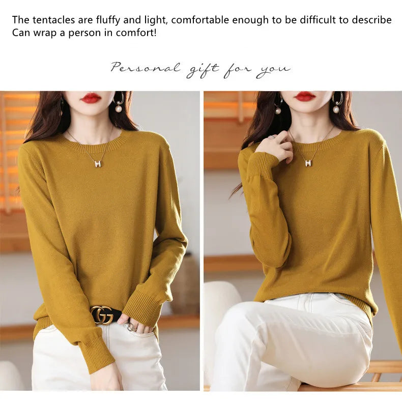 Women's 100% High-quality Cotton Knitted Sweater, Temperament Round Neck Top, Breathable And Versatile Pullover, Long Sleeved - Tasawoq