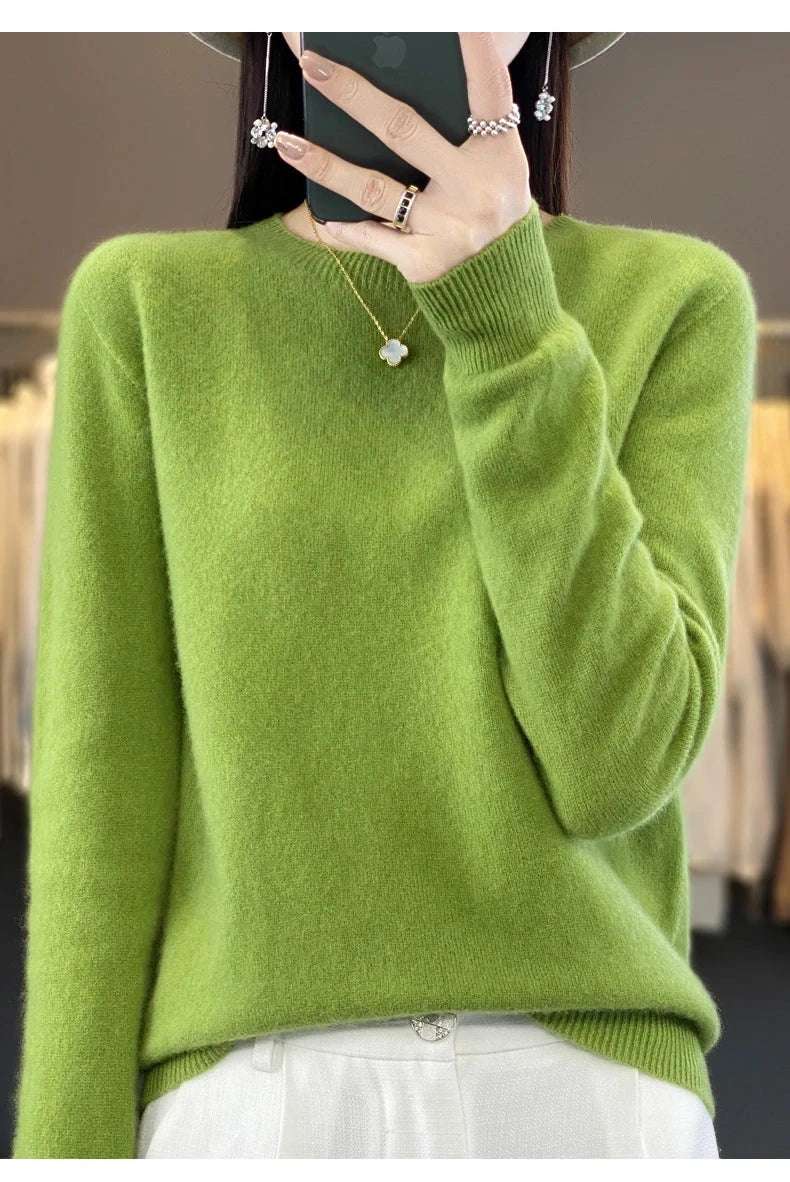Women's 100% Beautiful Wool Round Neck Top Fashion Versatile Knitted Loose Long Sleeve Pullover Thin Sweater Yuan Ling - Tasawoq