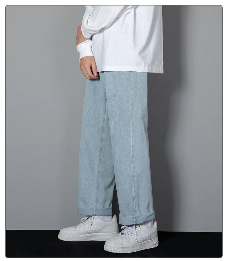 2025 New Korean Men's Casual Long Jeans Classic Man Straight Denim Wide-leg Pants Solid Color Light Blue Grey Black - Tasawoq