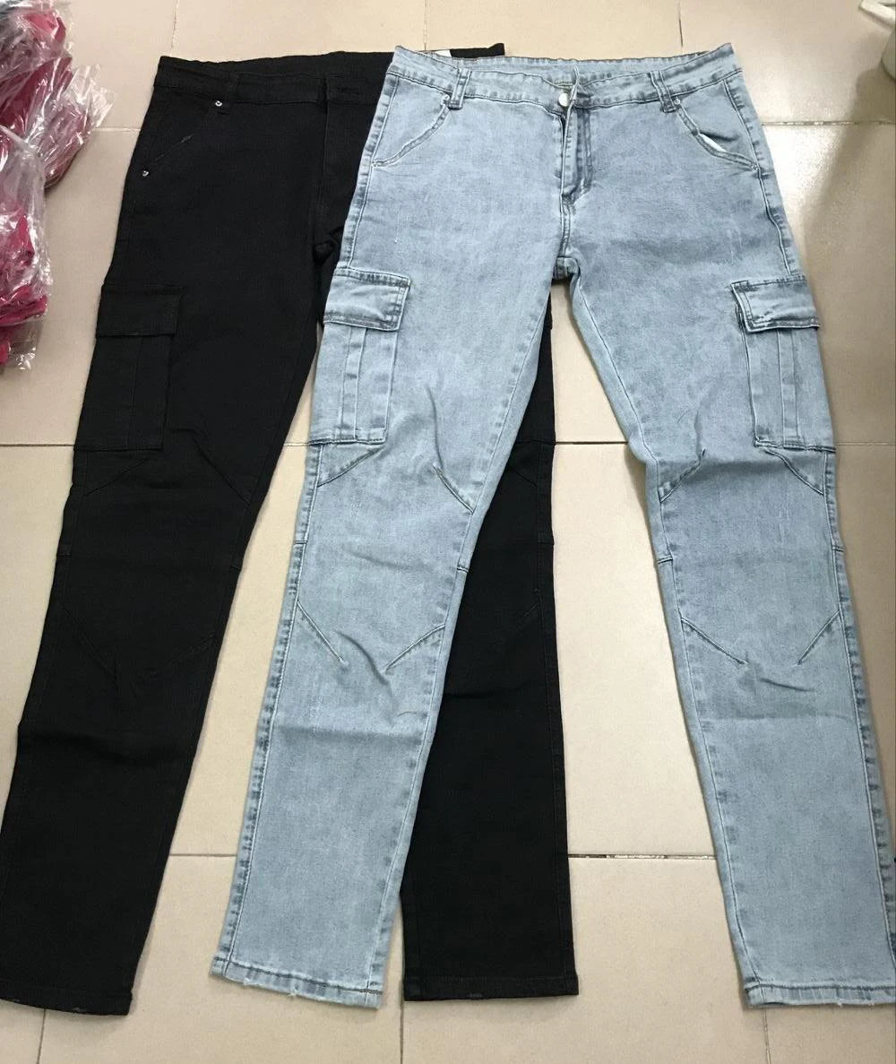 Street Elastic Jeans Men Denim Cargo Pants Wash Solid Color Multi Pockets Casual Mid Waist Trousers Slim Fit Daily Wear Joggers - Tasawoq