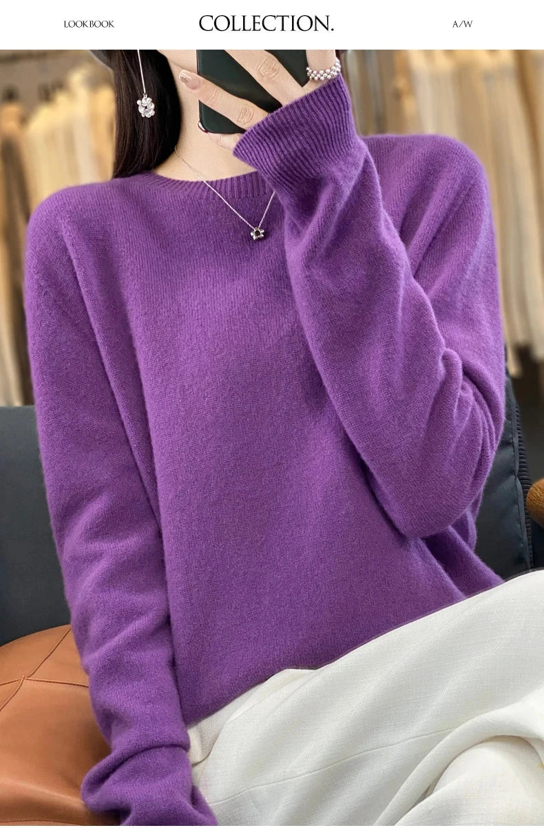 Women's 100% Beautiful Wool Round Neck Top Fashion Versatile Knitted Loose Long Sleeve Pullover Thin Sweater Yuan Ling - Tasawoq