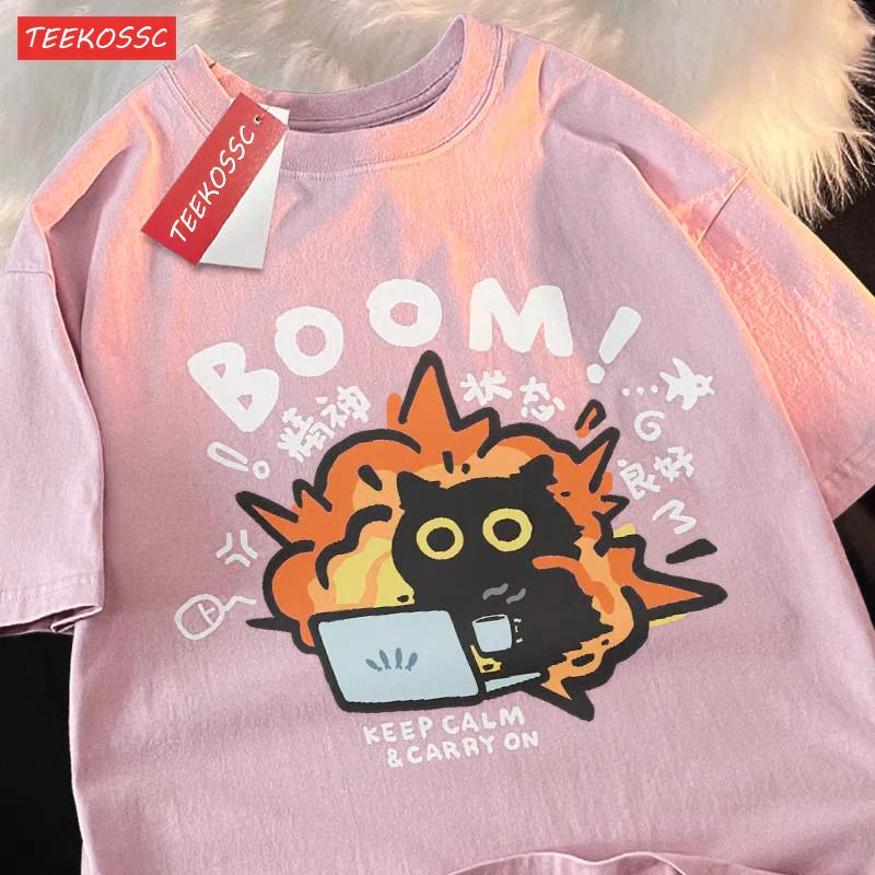 Good Mental State Pure Cotton Short Sleeved t-shirt For Men Women 2024 Summer New Tee Clothes Loose Casual Cartoon Oversized Top - Tasawoq