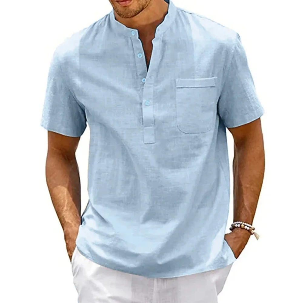 Cotton Linen Shirt Men Henley Neck Pocket Casual Beach Short Sleeve Solid Color Male Tops T-shirts Vintage Streetwear - Tasawoq