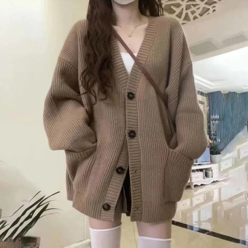 Autumn Winter Women Cardigan Sweater Coats Fashion Female Long Sleeve V-neck Loose Knitted Jackets Casual Sweater Cardigans - Tasawoq
