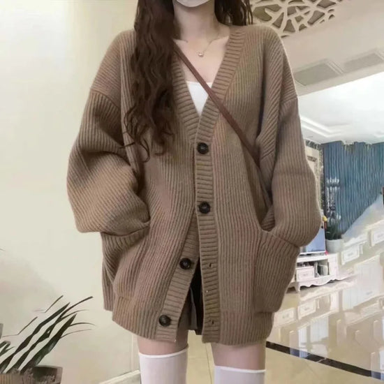 Autumn Winter Women Cardigan Sweater Coats Fashion Female Long Sleeve V-neck Loose Knitted Jackets Casual Sweater Cardigans - Tasawoq