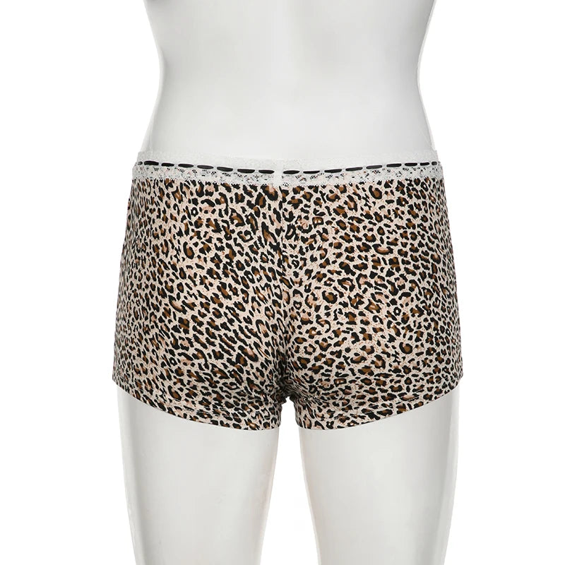 CIBBAR Hot Sexy Leopard Print Shorts Streetwear y2k Lace Patchwork Bow Low Rise Skinny Short Pants Women Vintage 2000s Clothing - Tasawoq