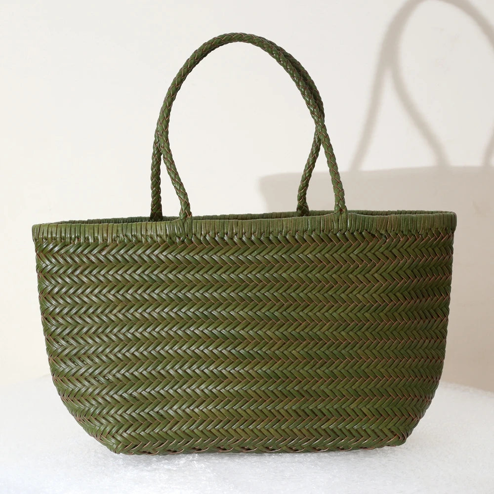 Handbags Women's Genuine Leather Shoulder Bag Weaving Casual Shopping Bag Vintage Big Tote Purse Cowhide Cross Hand Bags Lady - Tasawoq