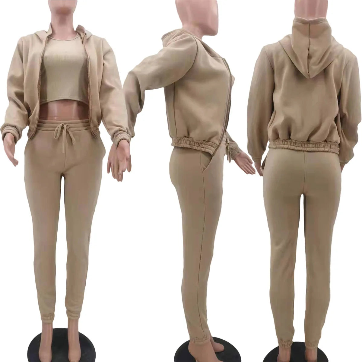 3pcs Women's Clothing Set Fleece-lined Hooded Sweater &Sleeveless Tank Top & Sports Sweatpants Pants - Tasawoq