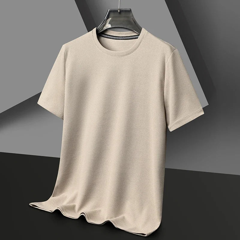 New Summer Waffle Round Neck Short Sleeved T-shirt for Men's Short Sleeved Top - Tasawoq
