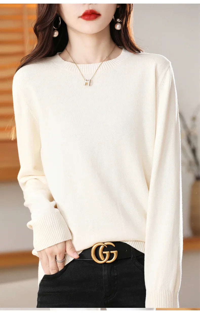 Women's 100% High-quality Cotton Knitted Sweater, Temperament Round Neck Top, Breathable And Versatile Pullover, Long Sleeved - Tasawoq