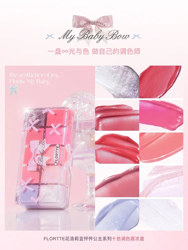 FLORTTE & My Baby Bow 10-color jell ylip gloss palette lipstick lip glaze - Tasawoq