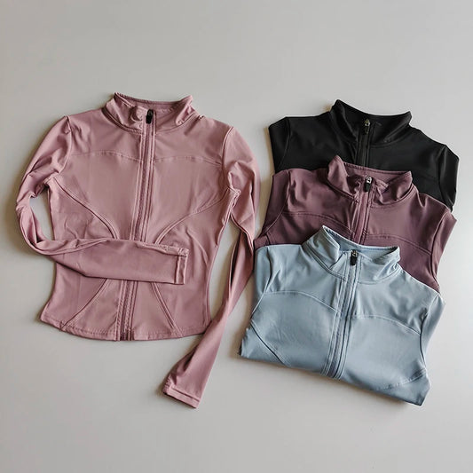 Outdoor Sports Long Sleeved Women Slim Yoga Clothes Quick Dry Zipper Cardigan Stand Up Collar Jacket Running Fitness Jacket Top - Tasawoq