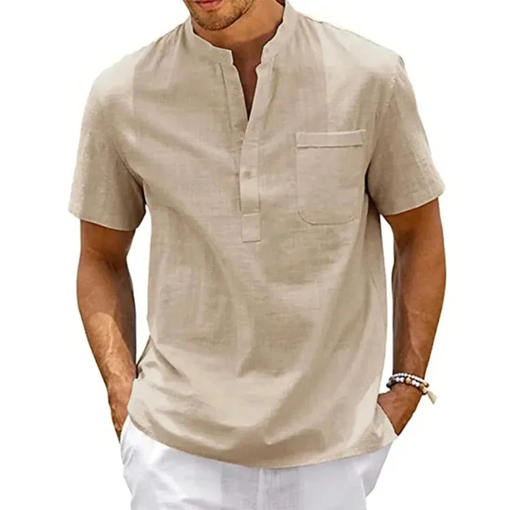 Cotton Linen Shirt Men Henley Neck Pocket Casual Beach Short Sleeve Solid Color Male Tops T-shirts Vintage Streetwear - Tasawoq