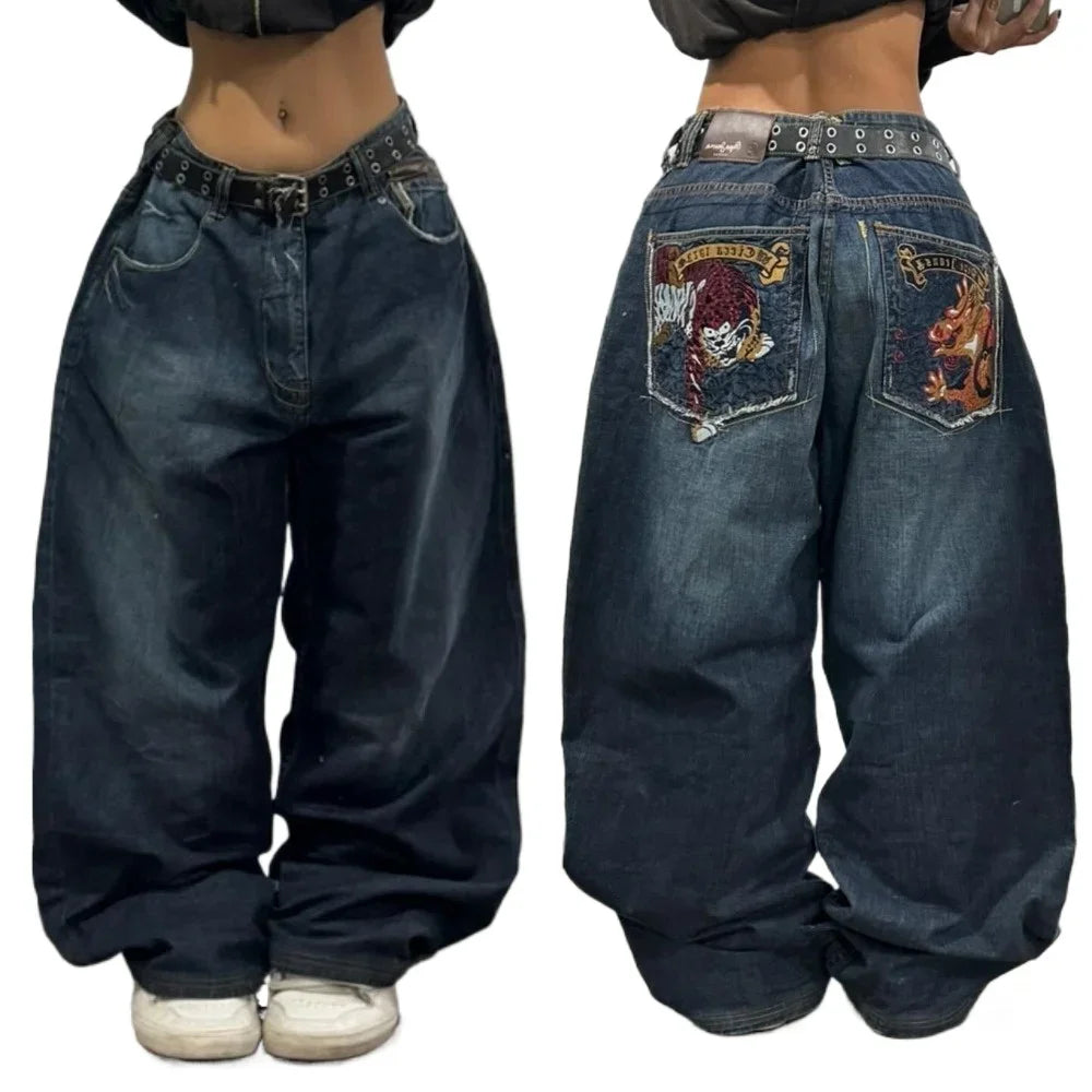 2024 New American Trend Retro Hip-hop Embroidery Pattern Baggy Jeans For Men And Women Y2K Harajuku Gothic Wide Pants Streetwear - Tasawoq