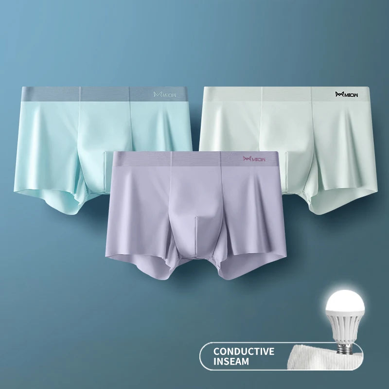 MIIOW 3Pcs Ice Silk Man Underwear Boxer Metal Fiber Antistatic Men Underpants Seamless Cut Hem Men's Panties Boxers Shorts Trunk - Tasawoq