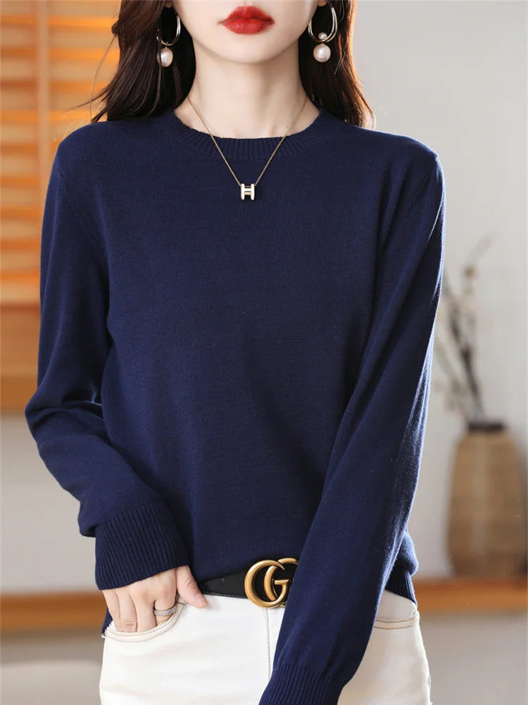 Women's 100% High-quality Cotton Knitted Sweater, Temperament Round Neck Top, Breathable And Versatile Pullover, Long Sleeved - Tasawoq