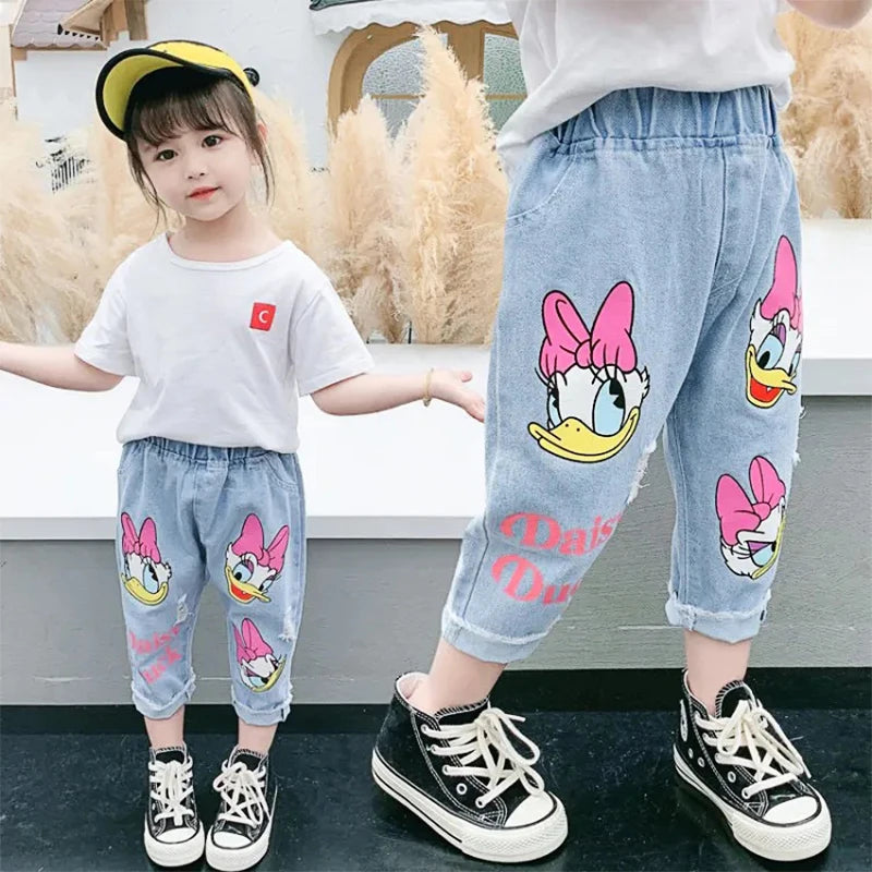 Spring Summer Children Cartoon Daisy Jeans Thin Baby Girls Loose Denim Pants Kids Fashion Casual Trousers for 2-6 Years - Tasawoq