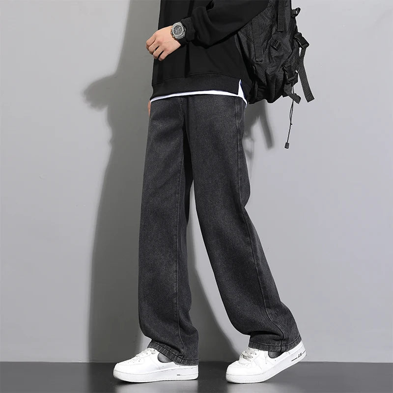 2025 New Korean Men's Casual Long Jeans Classic Man Straight Denim Wide-leg Pants Solid Color Light Blue Grey Black - Tasawoq