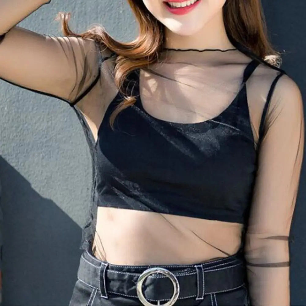 Sexy Women Mesh T-Shirts See-Through Perspective Tshirt Sunscreen Tops Long Sleeve Bottoming Shirts Club Party Black Tee Shirts - Tasawoq