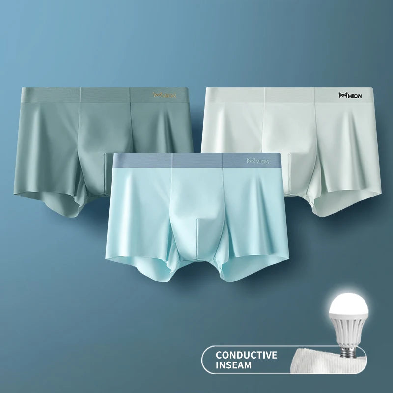 MIIOW 3Pcs Ice Silk Man Underwear Boxer Metal Fiber Antistatic Men Underpants Seamless Cut Hem Men's Panties Boxers Shorts Trunk - Tasawoq