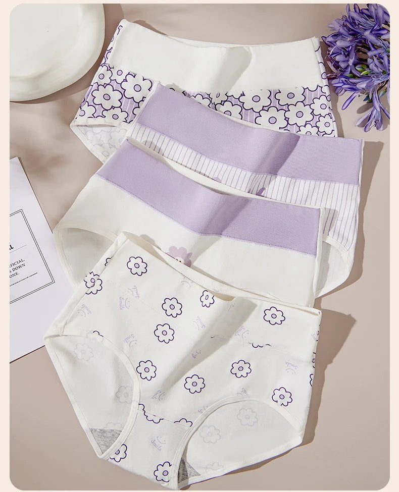 4Pcs/Set Cotton Panties Women High Waist Slimming Underwear Cute Print Young Girls Briefs Plus Size M-4XL Soft Female Lingerie - Tasawoq
