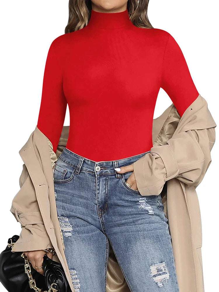European and American casual women's standing neck solid color bottom top autumn sexy slim fitting long sleeved jumpsuit - Tasawoq
