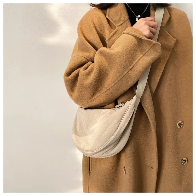 Solid Color Women's Portable Shoulder Bag Simple Female Nylon Cloth Padded Crossbody Bags Travel Purse Handbags Messenger Bag - Tasawoq