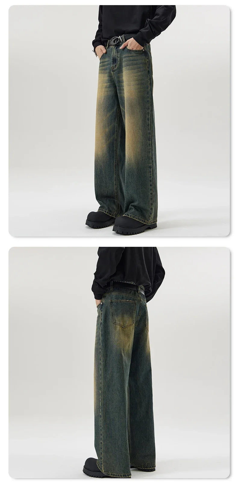 4 Colors Autumn Vintage Distressed Men's Baggy Straight Jeans Fashion Korean High Street Denim Pants Streetwear Male Trousers - Tasawoq