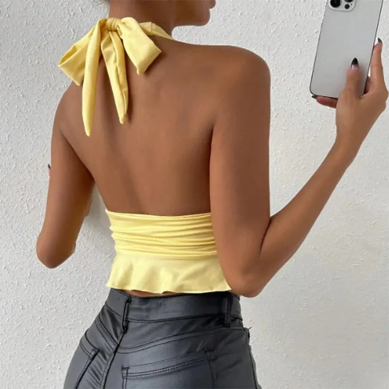 Women's Sexy Tight Fitting Deep V-neck Pleated Top Tight Fitting 2024 Spring Beach Resort Nightclub New Model Women's Sexy Tigh - Tasawoq