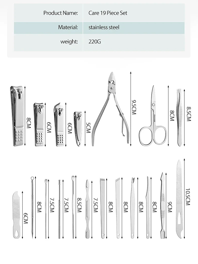 Nail art 19 piece set of beauty tools, home manicure, foot trimming, eagle beak pliers, care kit, nail knife, nail clipper set - Tasawoq