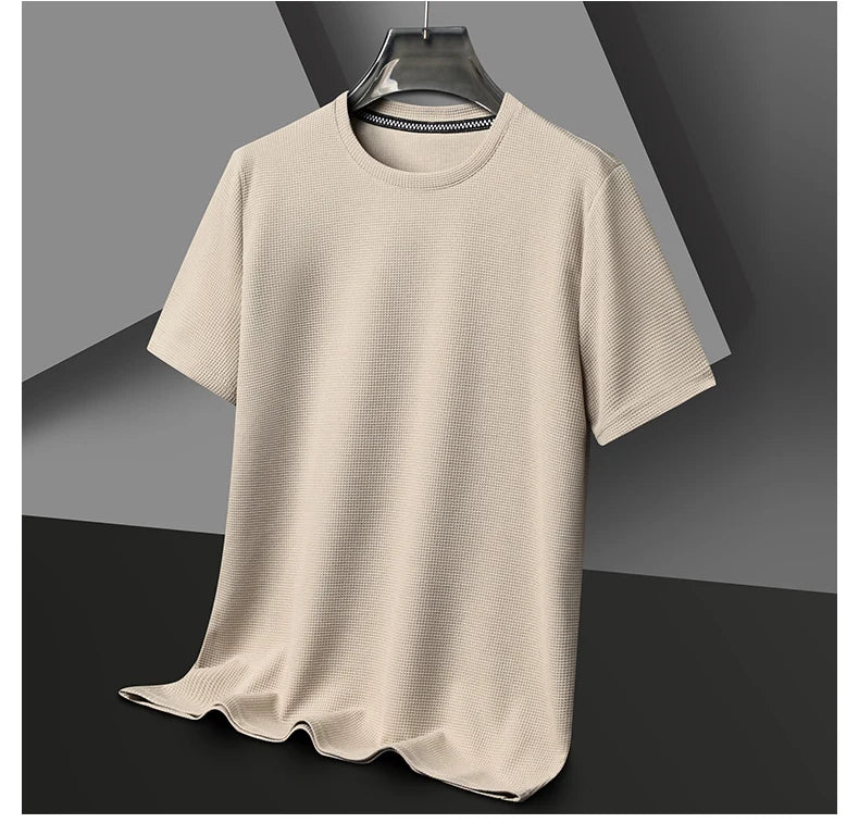 New Summer Waffle Round Neck Short Sleeved T-shirt for Men's Short Sleeved Top - Tasawoq