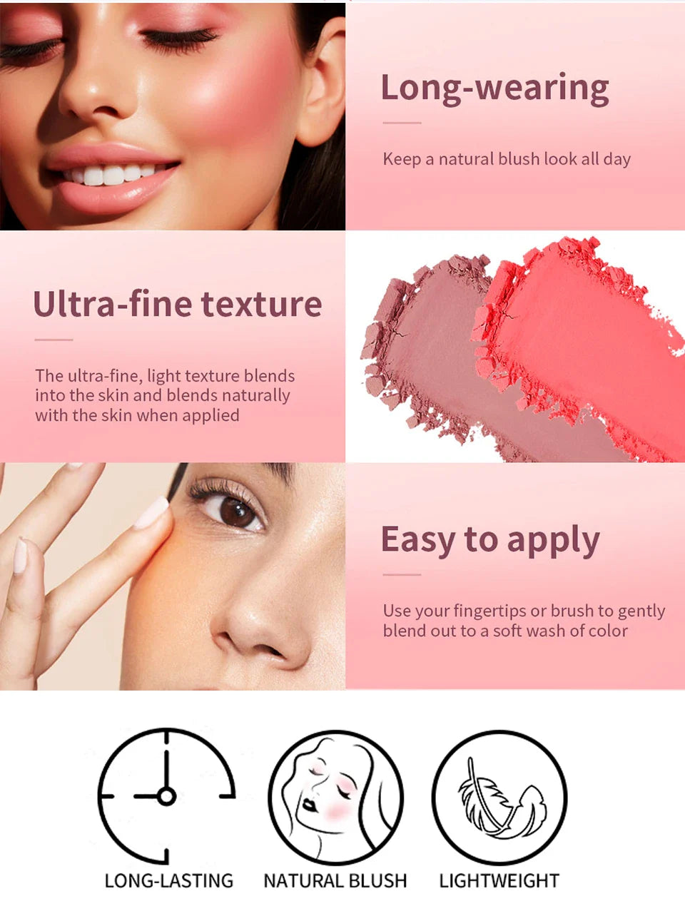 Blush Matte Natural Cheek Tint Brighten Face Waterproof Face Contouring Cosmetics Blush Powder Soft Female Makeup For Cheeks - Tasawoq
