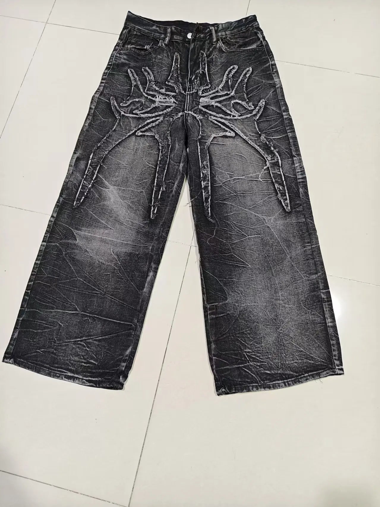 Gothic Retro Oversized Baggy Fit Unisex Mopping Pants Y2K Phantom Jeans High Street Spider Embroidered Patch Hip Hop Streetwear - Tasawoq