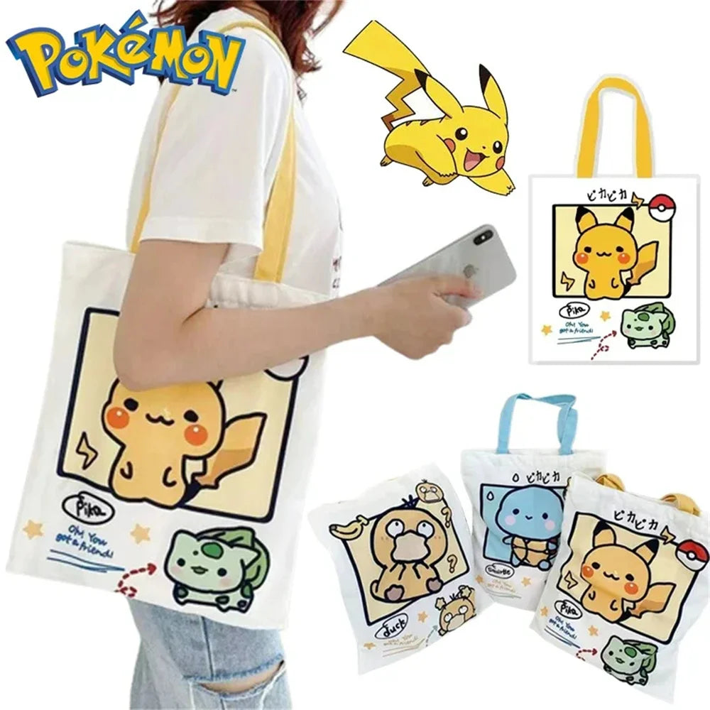 Anime Pokemon Pikachu Canvas Shoulder Bags Psyduck Squirtle Ladies Casual Handbag Reusable Large Capacity Women Shopping Bag - Tasawoq