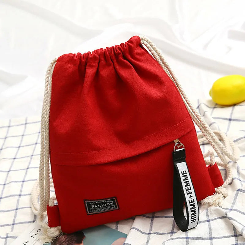 1 Pc Canvas School Bag Double Shoulder Drawstring Backpack Drawstring Pocket Portable Casual Backpack Women Men Travel Backpack - Tasawoq