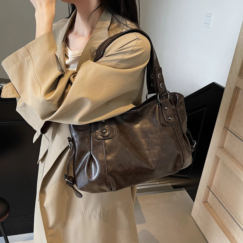 1 Piece Women's Pure Color Pu Retro Large Capacity Shoulder Tote Bag - Tasawoq