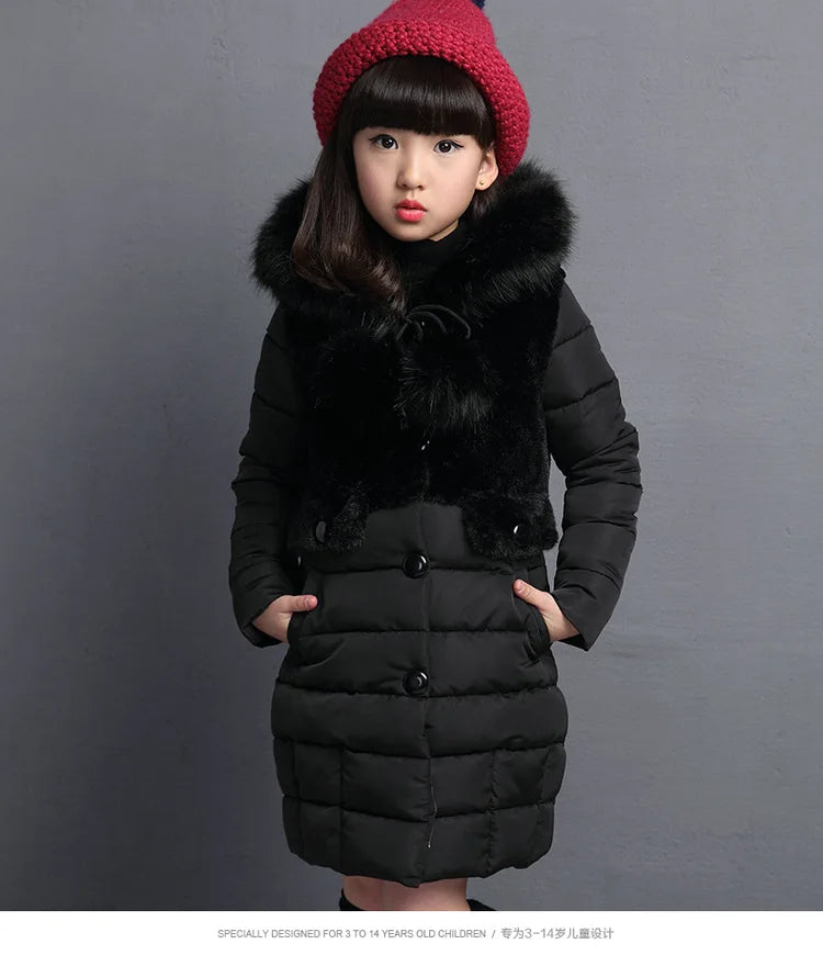 2024 Winter Warm Jackets for Girls Fashion Fur Hooded Children Girls Waterproof Outwear Kids Cotton Lined Parkas - Tasawoq
