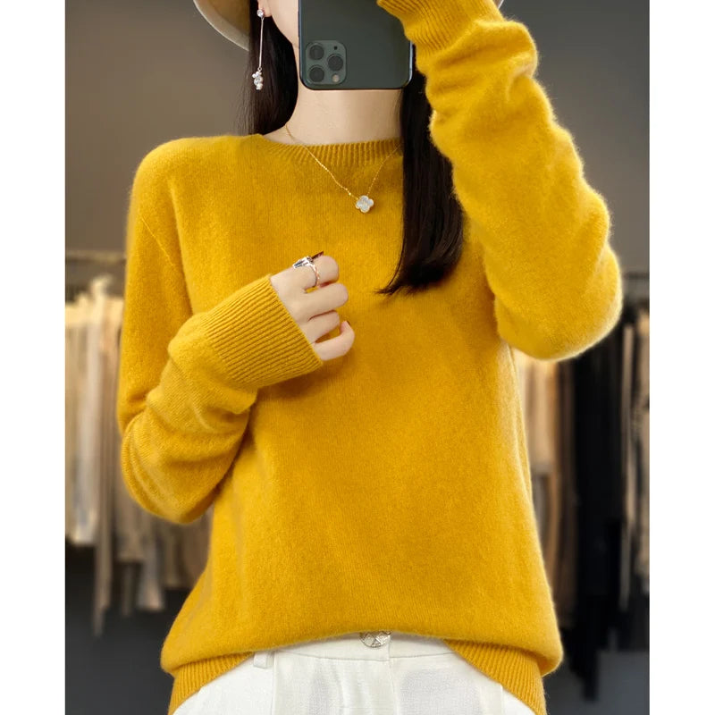 Women's 100% Beautiful Wool Round Neck Top Fashion Versatile Knitted Loose Long Sleeve Pullover Thin Sweater Yuan Ling - Tasawoq