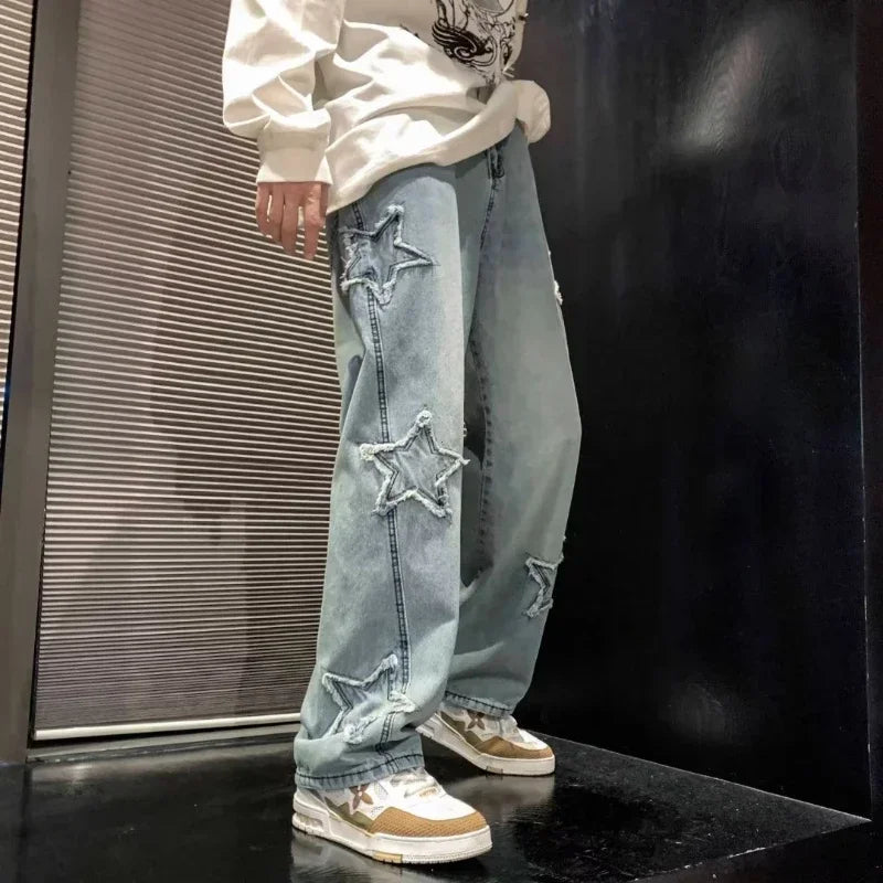 Stars Patchwork Men Jeans New Fashion Y2K Tassel Pants Korea Clothes Straight Hip Hop Splicing Trousers Male Streetwear - Tasawoq
