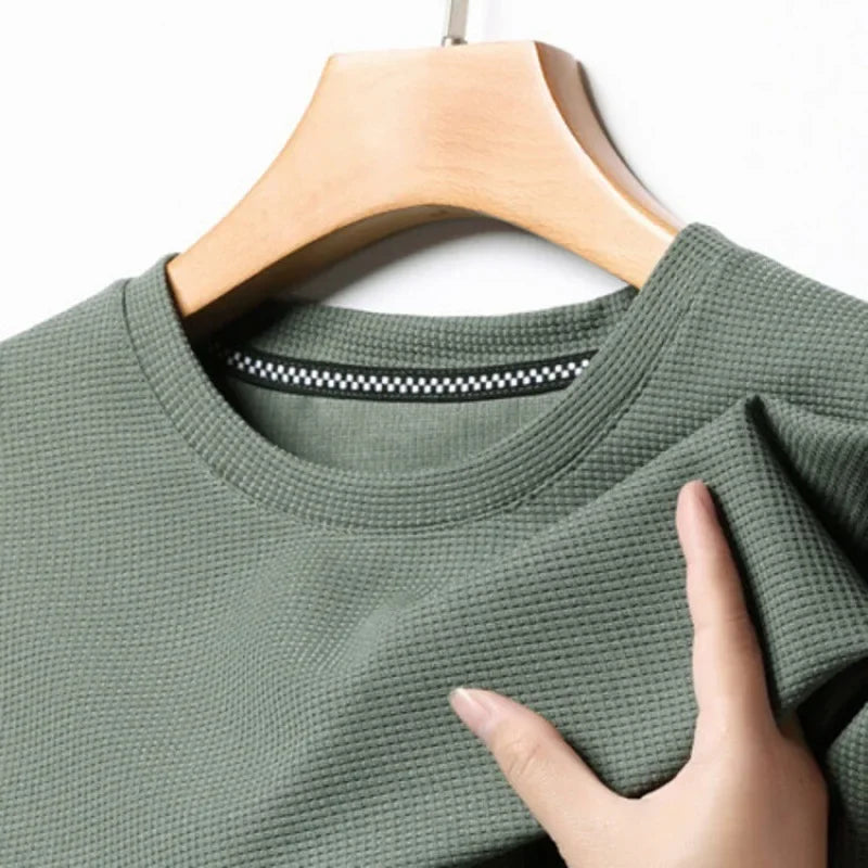New Summer Waffle Round Neck Short Sleeved T-shirt for Men's Short Sleeved Top - Tasawoq