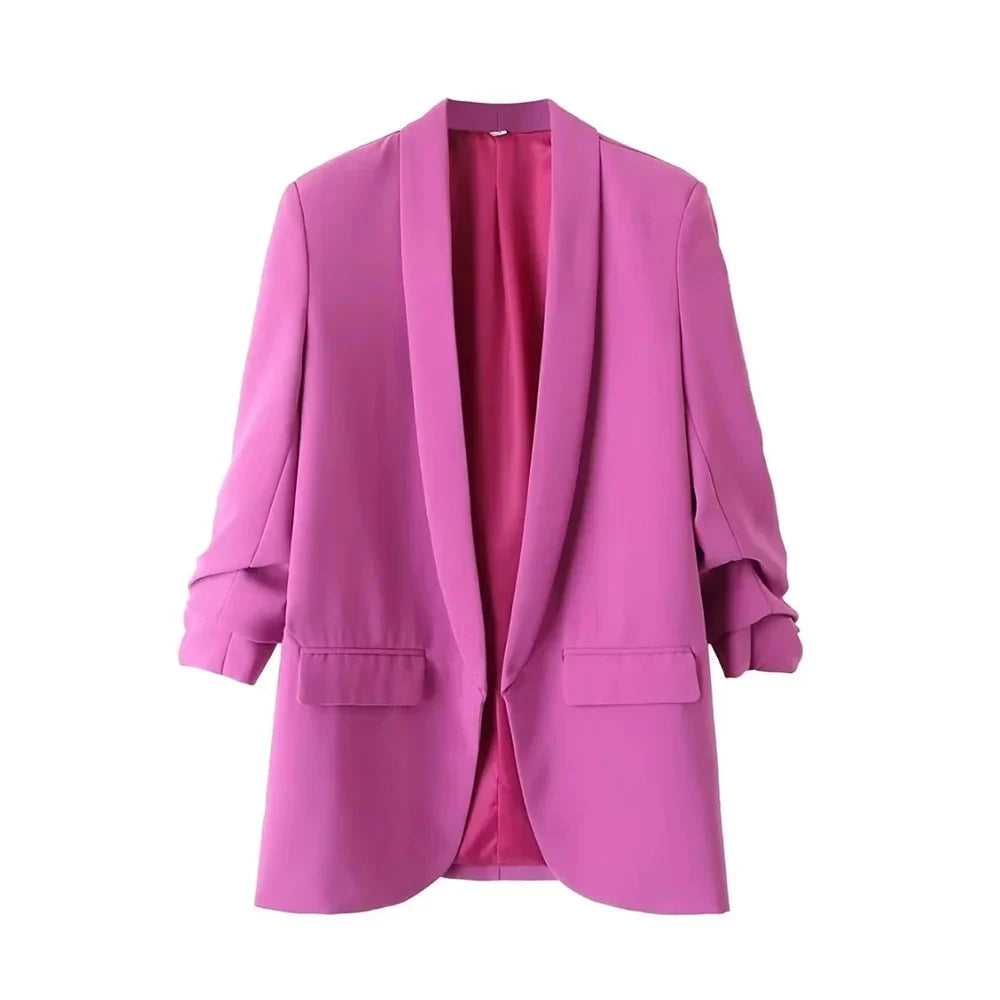 TRZA Women Fashion Office Wear Open Blazer Coat Vintage Long Pleated Sleeves Flap Pockets Female Outerwear Chic Tops - Tasawoq