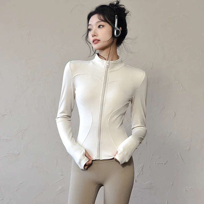 Long Sleeve Sports Jacket Women Zip Fitness Yoga Shirt Winter Warm Gym Top Activewear Running Coats Workout Clothes For Cycling - Tasawoq