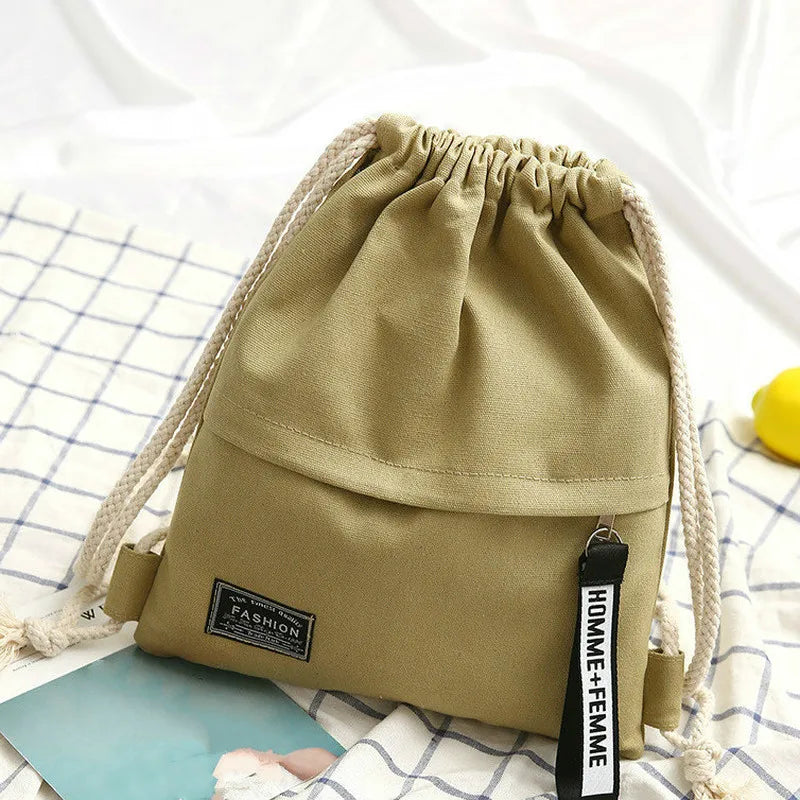 1 Pc Canvas School Bag Double Shoulder Drawstring Backpack Drawstring Pocket Portable Casual Backpack Women Men Travel Backpack - Tasawoq