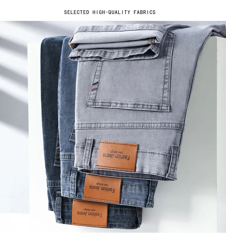 Summer Thin Men's Elastic Cotton Jeans Fashion Gray Comfortable Business Straight Casual Pants Brand Male Clothes Trousers - Tasawoq