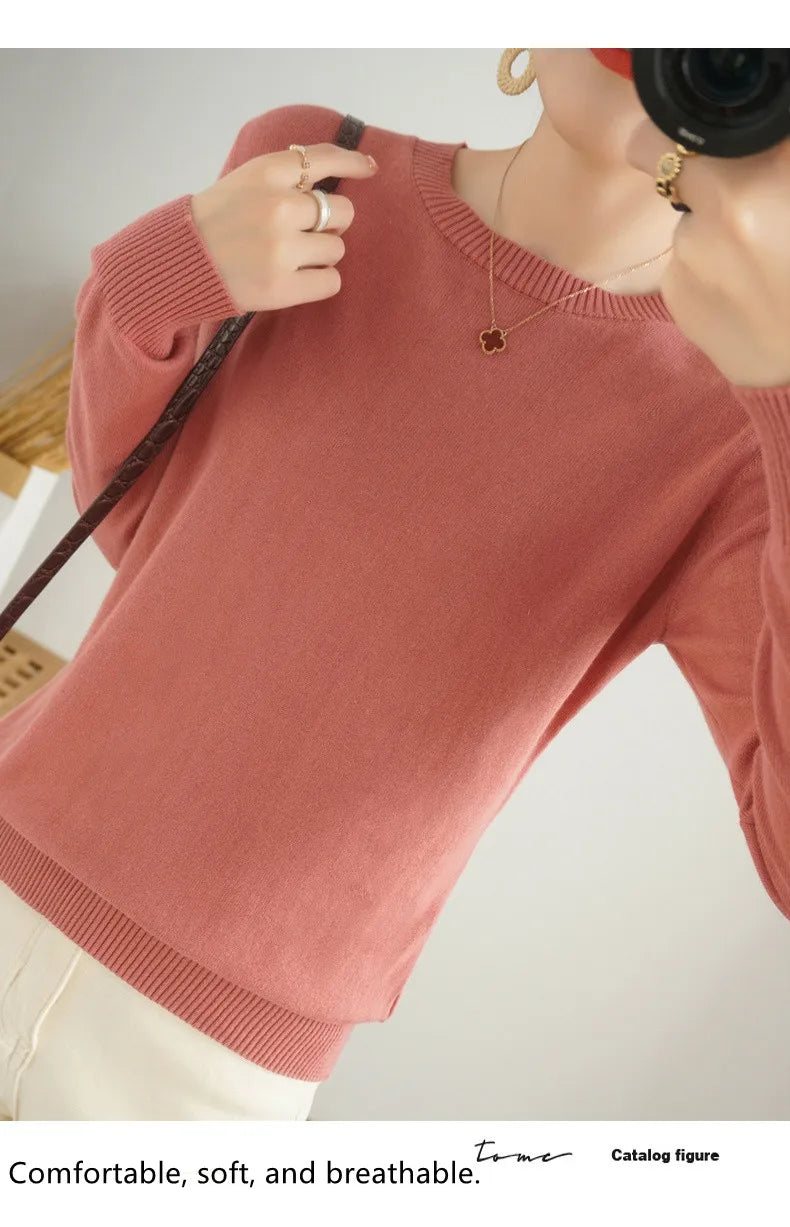 Women's 100% High-quality Cotton Knitted Sweater, Temperament Round Neck Top, Breathable And Versatile Pullover, Long Sleeved - Tasawoq