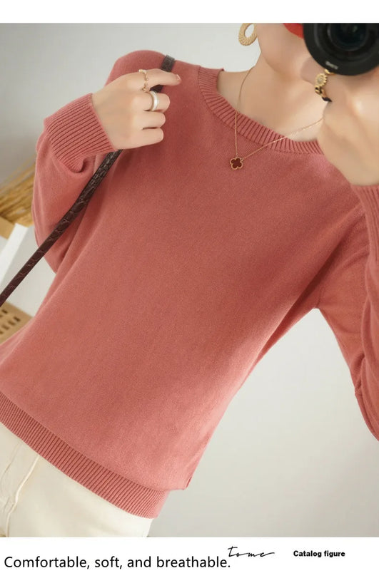 Women's 100% High-quality Cotton Knitted Sweater, Temperament Round Neck Top, Breathable And Versatile Pullover, Long Sleeved - Tasawoq