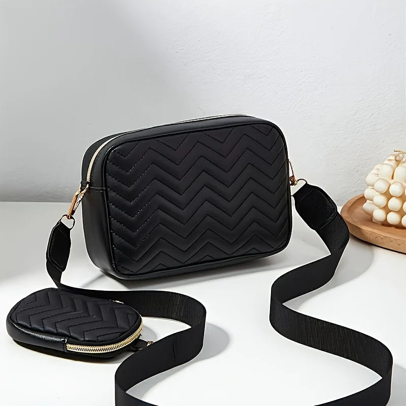 Casual Minimalist Shoulder Square Bag, With Mini Hanging Purse, Quilted Pattern Crossbody Bag For Women Two piece set - Tasawoq